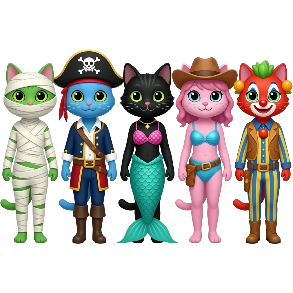 Green Cat wearing a mummy costume blue cat wearing a pirate costume black cat wearing mermaid costume  a pink cat wearing cowboy costume red cat wearing clown costume emoji