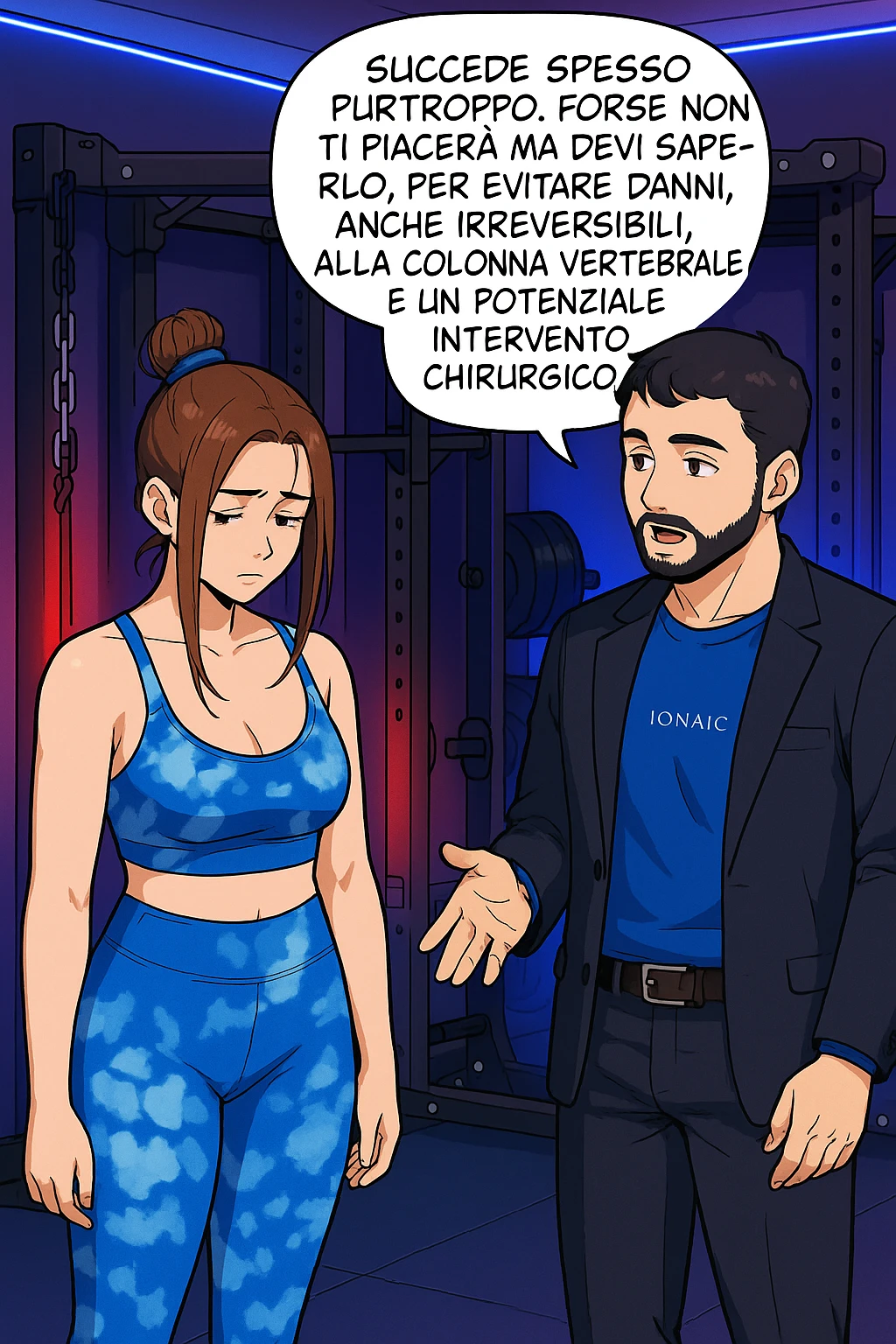fai questa immagine in versione manga/webtoon a colori, il manga mostra l'uomo che risponde alla donne:
Succede spesso purtroppo. 
Forse non ti piacerà ma devi saperlo, per evitare danni, anche irreversibili, alla colonna vertebrale e un potenziale intervento chirurgico. emoji