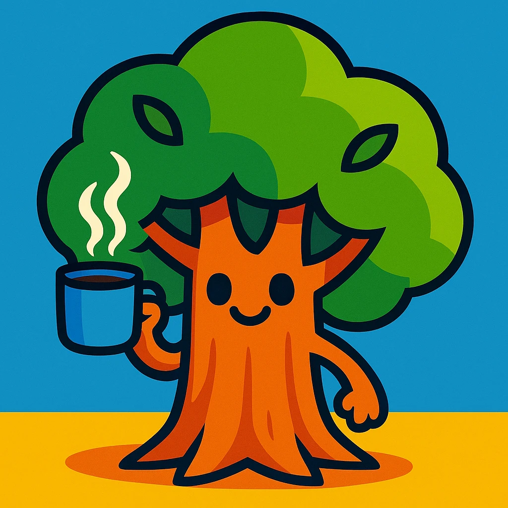 cute tree with arms, one hand holding a steaming cup of coffee, vibrant toon style emoji