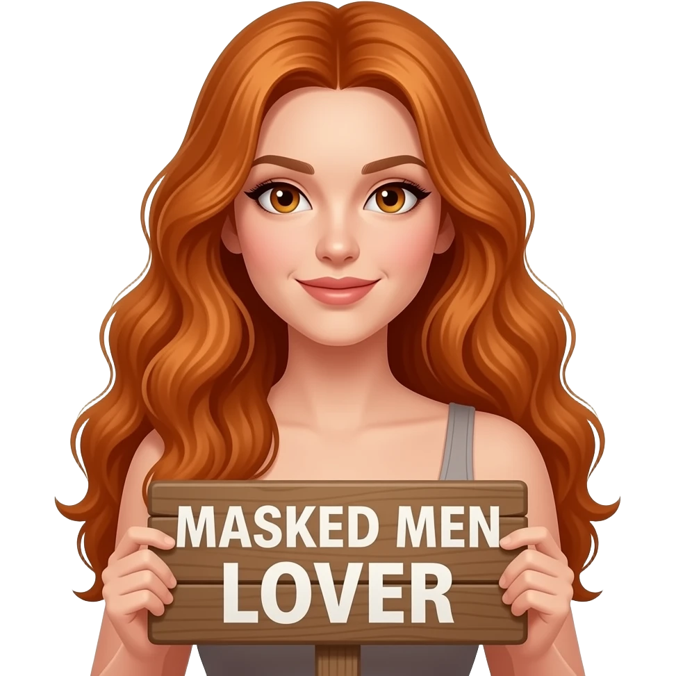 sexy girl with long wavy ginger hair and ginger eyes wearing a top is holding a MASKED MEN LOVER sign emoji
