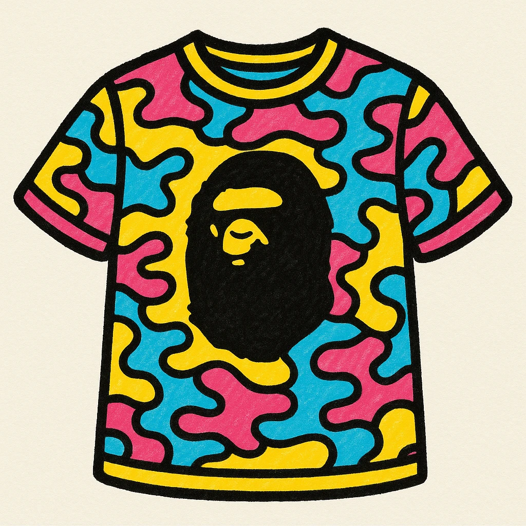 BAPE t-shirt, streetwear style, bold camo pattern, iconic ape head logo, vibrant colors, front view emoji