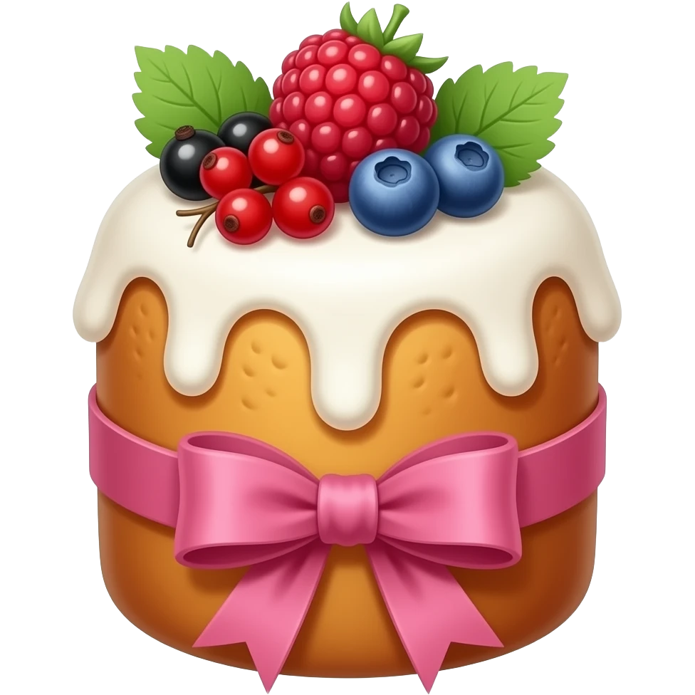 панеттоне золотистого цвета, высокий, с белой глазурью и украшением сверху из ягодок малины, грозди смородины красной черной, черники, зелеными лепестками, розовой ленточкой emoji