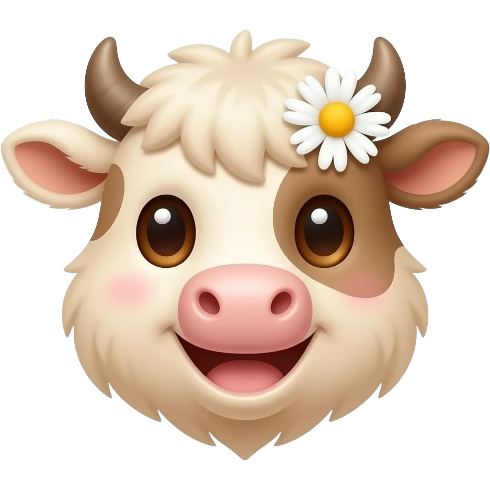 Draw a cute fluffy beige cow face emoji with soft пушистая fur, warm brown eyes, laughing happily, with a white daisy flower on her head, kawaii pastel sticker style, rounded adorable features emoji