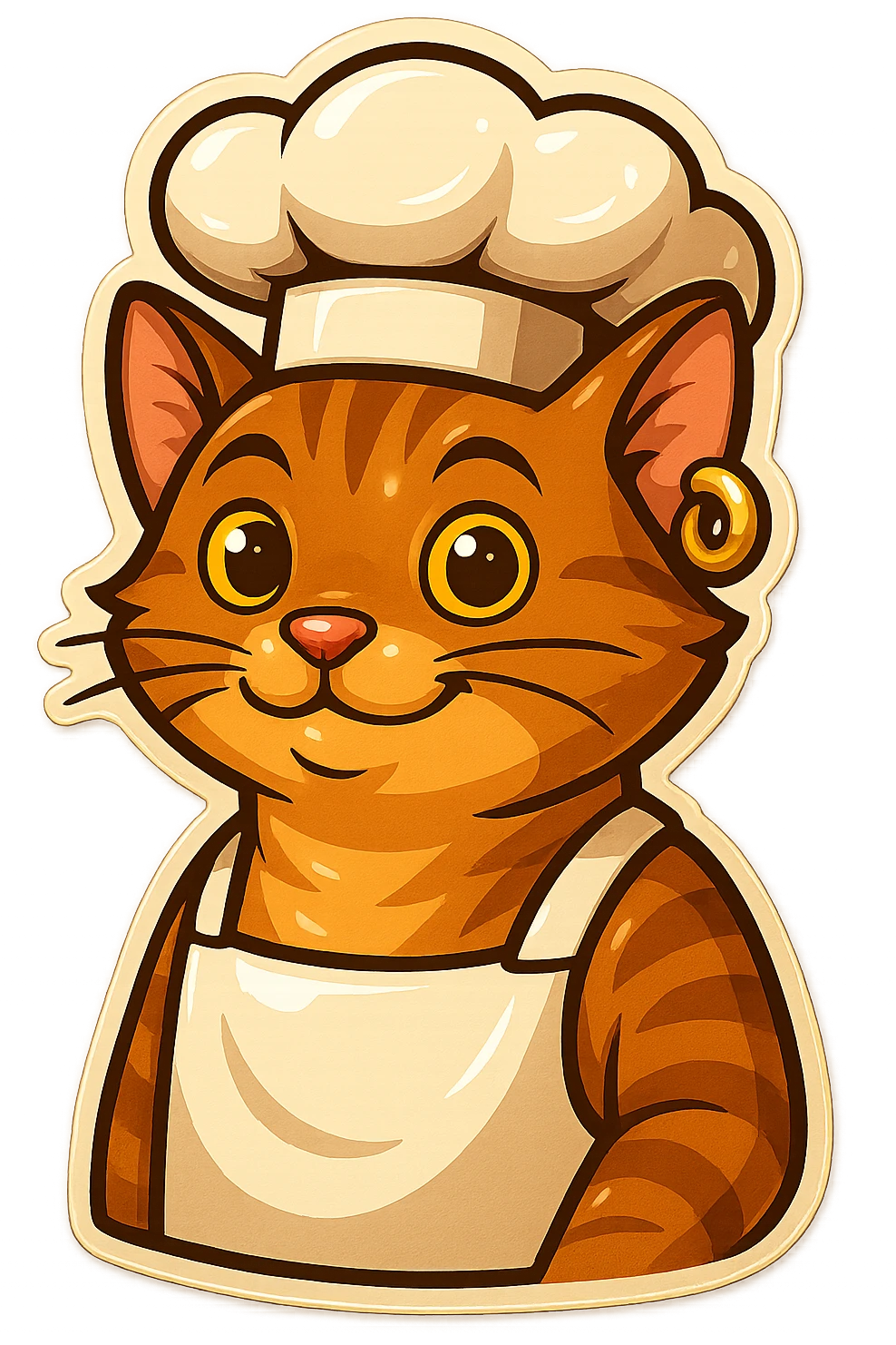 Make the chef cat's gold earring much bigger, keeping the same retro stickers cartoon style and background as is. emoji