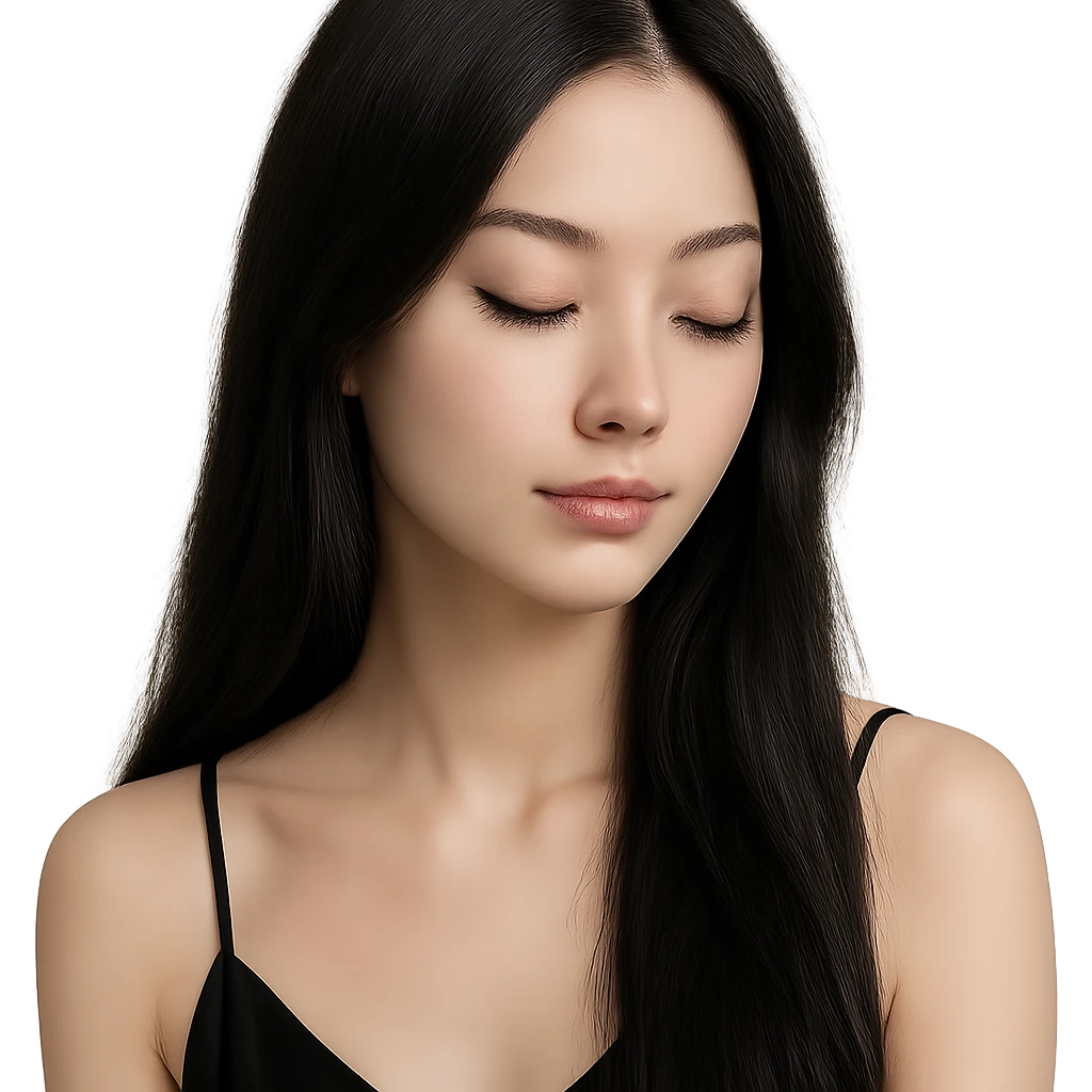 aesthetic girl with long black silky hair, long lashes, fair skin, elegant and soft expression emoji