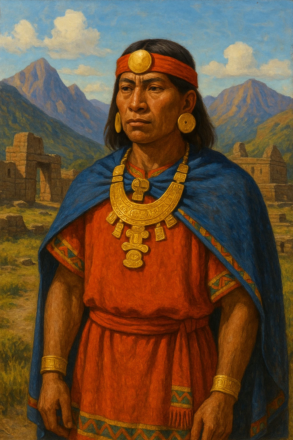 a single Muisca person from the pre-Columbian era, wearing traditional clothing and gold ornaments, with indigenous Andean features, depicted in vibrant colors, set in a historical Andean setting emoji