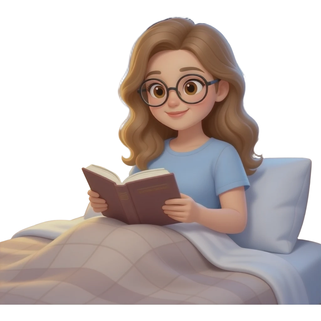 detailed emoji illustration of a curvy woman with long light brown wavy hair, light brown eyes and round glasses sitting in bed under a blanket and reading a book, cozy night reading atmosphere, cute emoji style emoji