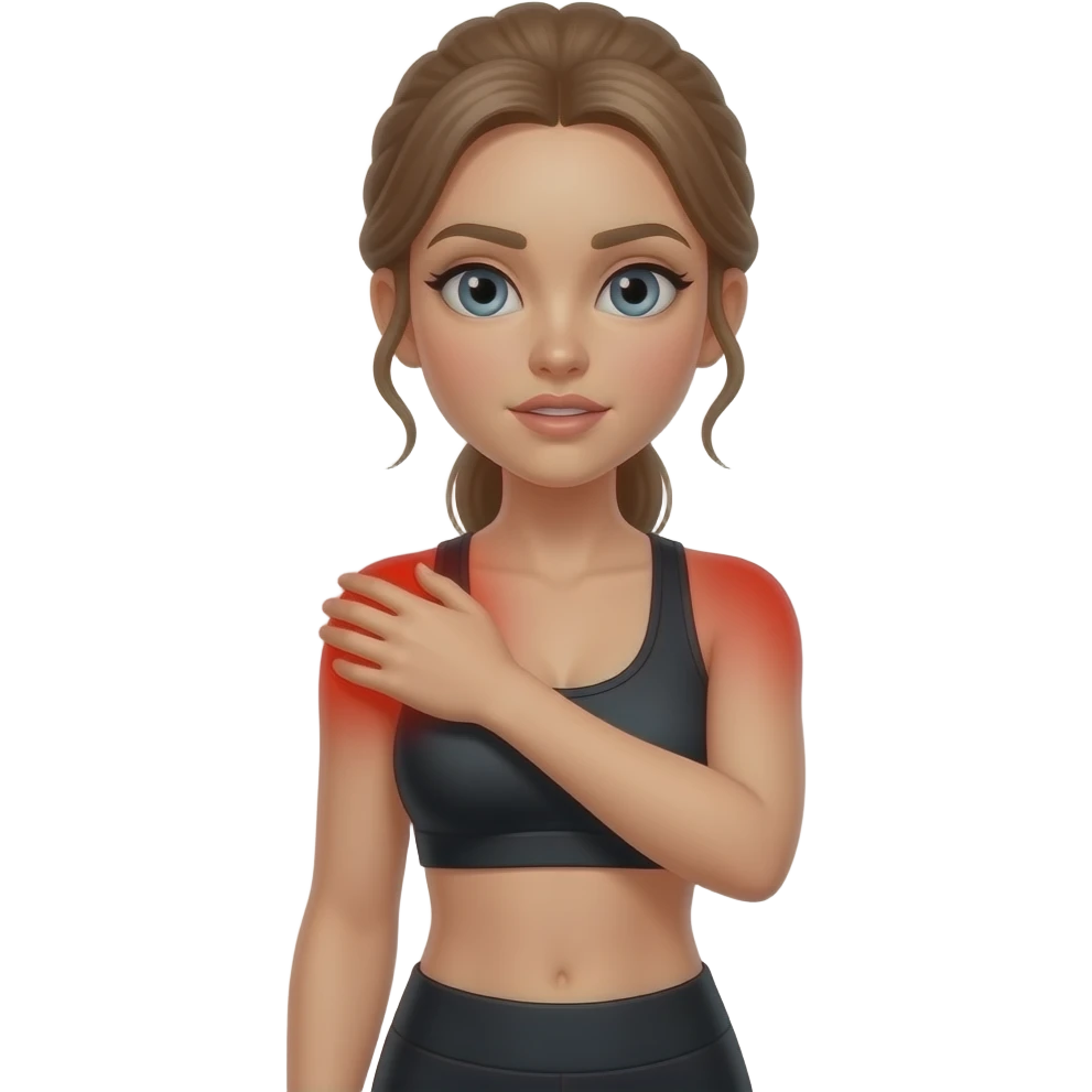 shoulder pain, full red glow covering both shoulders and upper shoulder area, woman holding one shoulder, fair-skinned woman, gray-blue eyes, ash brown brows, ash light brown hair tied back, slim athletic body, black workout set emoji