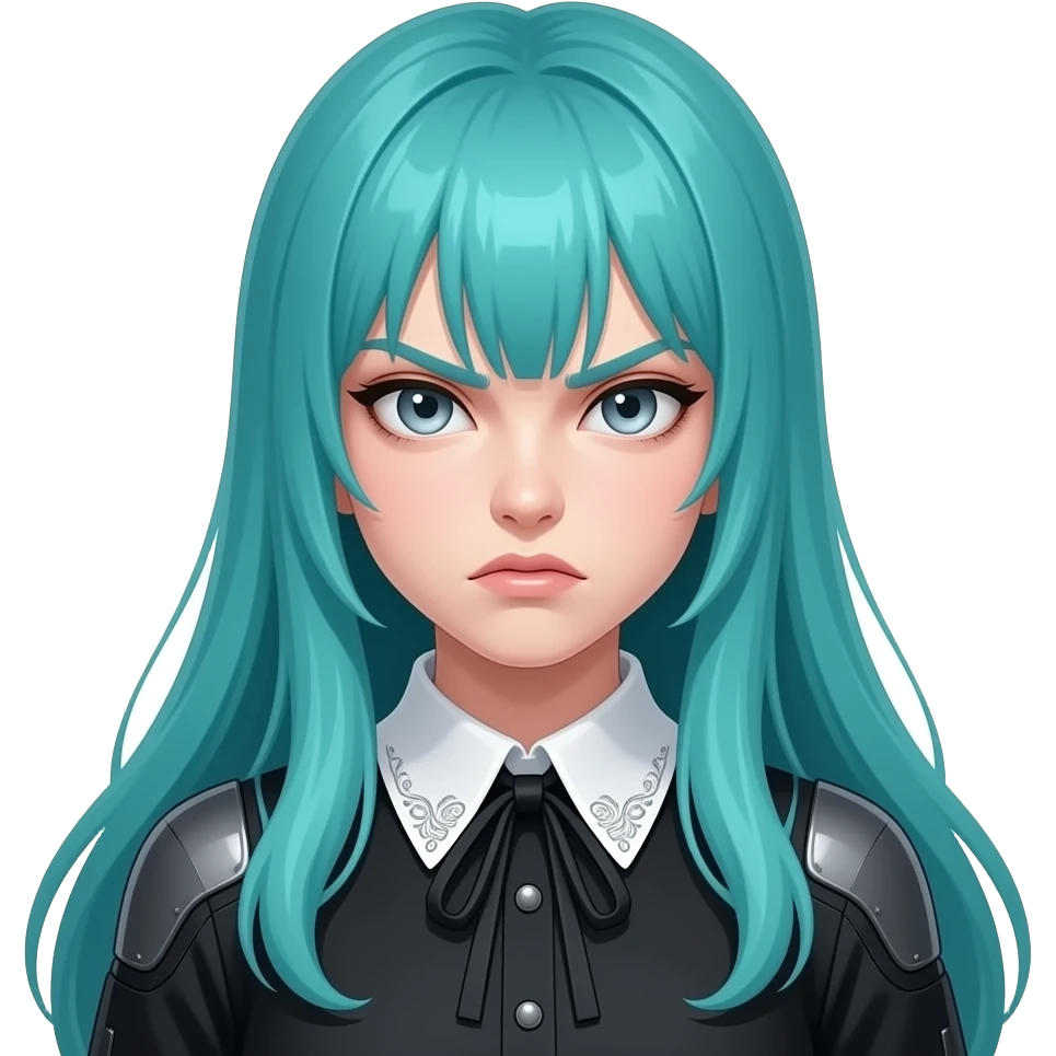 girl, angry, long flowing teal hair, grey eyes, black shoulder cyberpunk blouse with fancy white collar emoji
