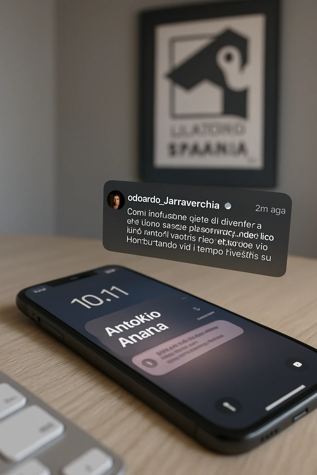 A photo of an iPhone with the message "Antonio Anania" on its scree, both surrounded by soft light and shadow. The phone sits atop a desk with a blurred background that suggests work environment. A faint glow from above casts gentle shadows across the surface of each object, creating depth and highlighting their textures. emoji