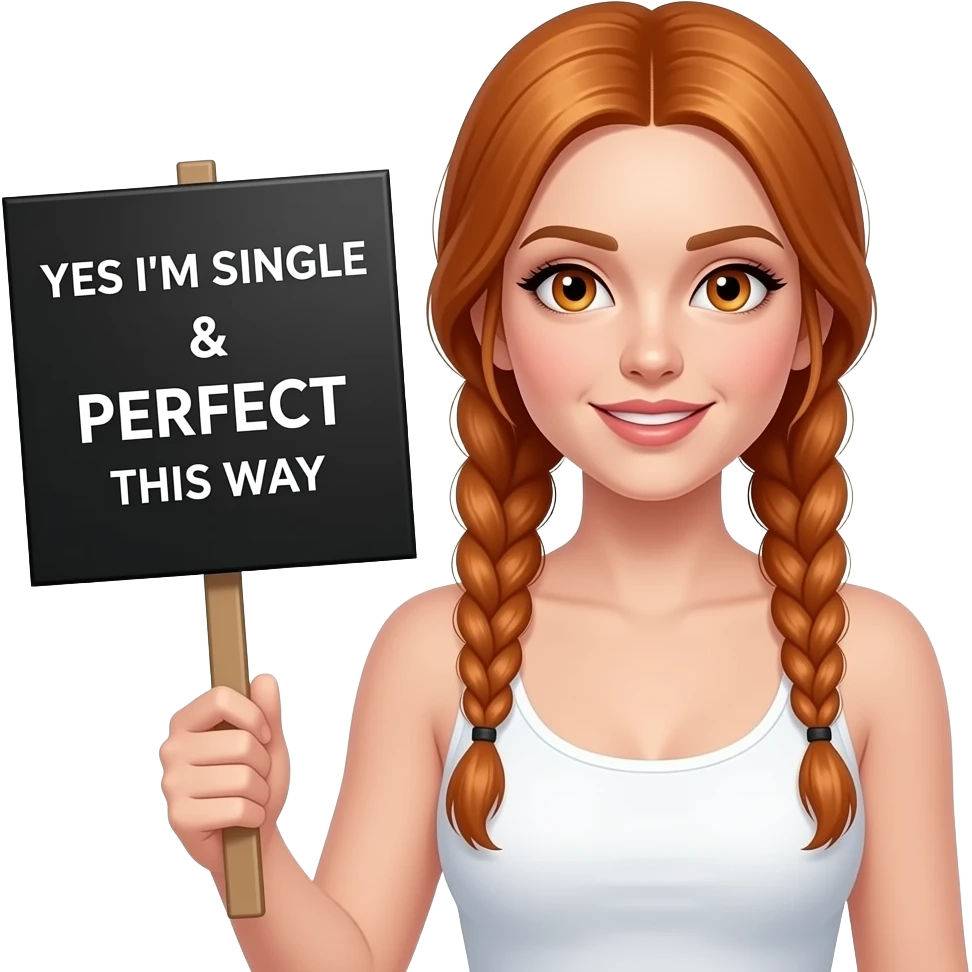 sexy girl with long ginger braids and ginger eyes wearing a white tanktop is holding a black sign with YES I'M SINGLE & PERFECT THIS WAY written on it emoji