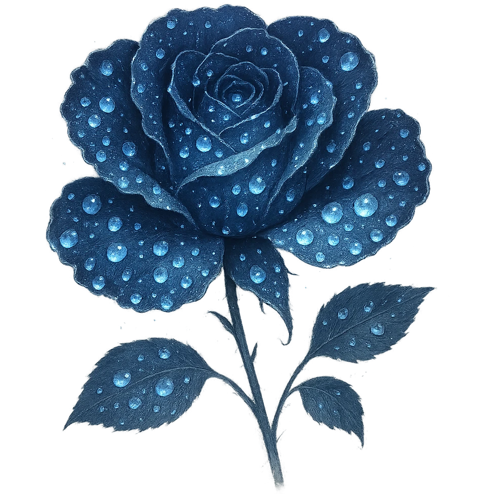 Add glowing dewdrops on the petals of the midnight rose with rich navy petals, highlighted with silver threads and a gentle moonlit shine. Keep the background transparent. The style should reflect a delicate and ethereal look with emphasis on the glowing effect and silver accents. emoji