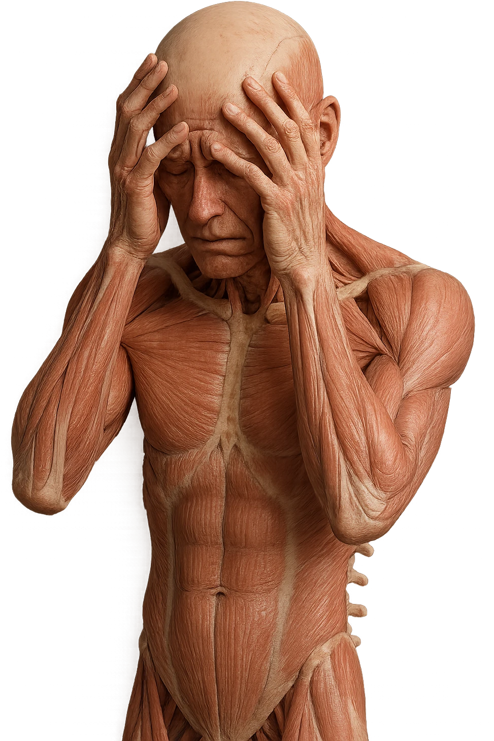 CORPO UMANO ANATOMICO con spina dorsale in evidenza, molto stanca e stressata mentre si tiene le mani sulla testa, IPERREALISTICO 4K emoji