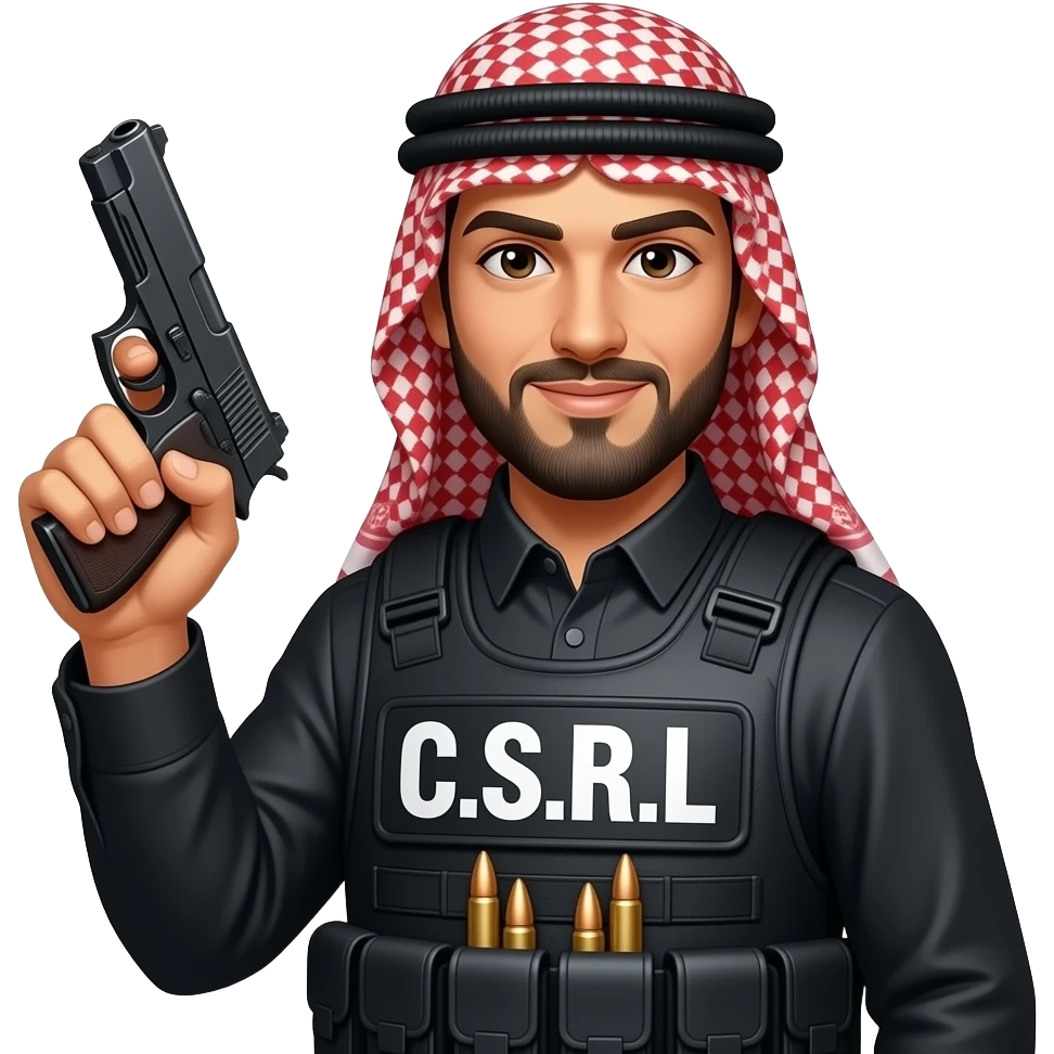 Arabe con pistola y un chaleco antibalas que diga C.S.R.L emoji