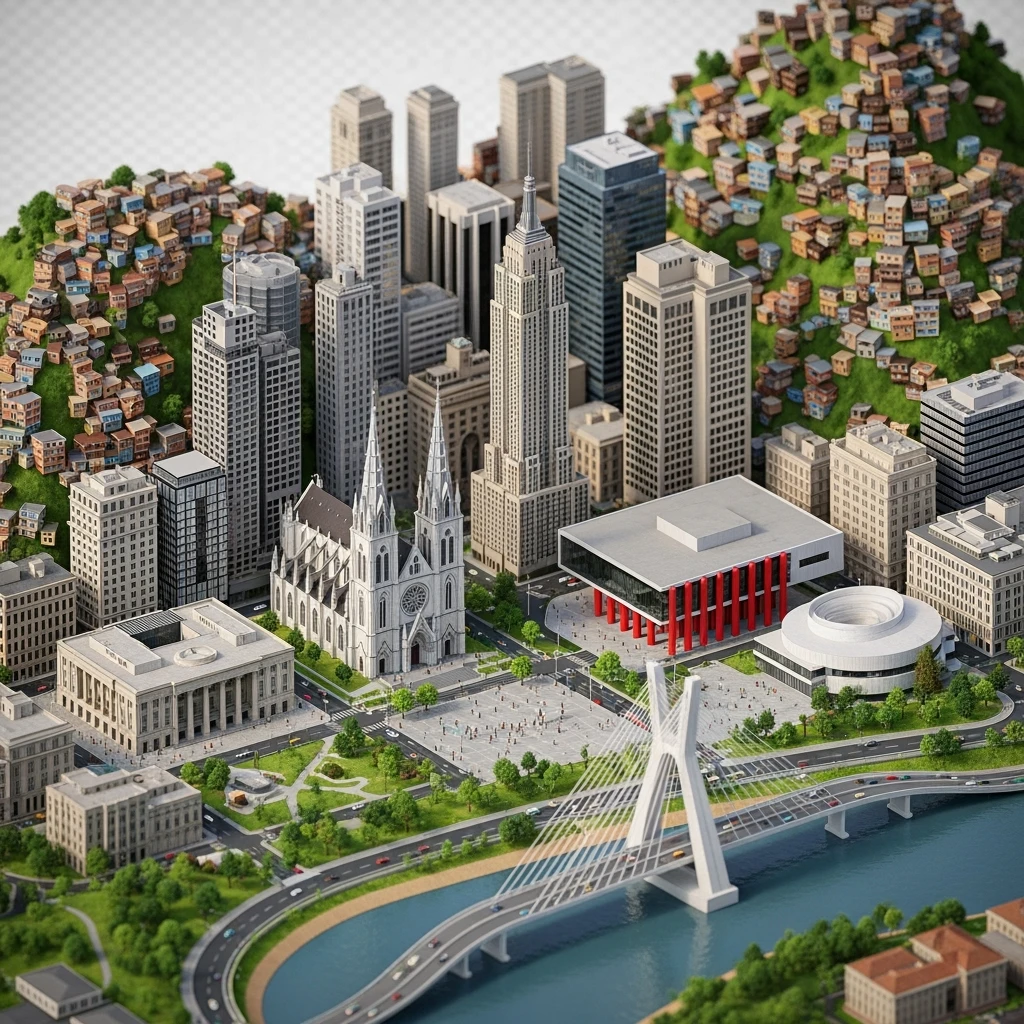 Isometric miniature of São Paulo Catedral da Sé, MASP on red pillars, Octávio Frias Bridge, and Altino Arantes building, favelas on hillsides, dense chaotic urban blocks, and green parks 3D miniature effect and Tilt Shift effect, no cartoonish look, transparent background. emoji