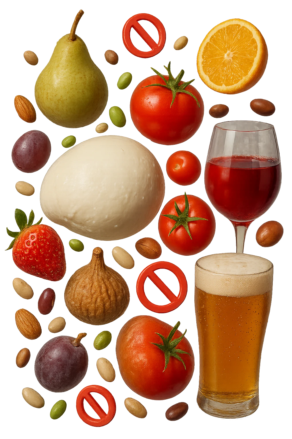 mozzarella, frutta legumi, frutta secca, birra e vino realistici fluttuano in aria con piccoli divieti 3d, IPERREALISTICO 4K emoji