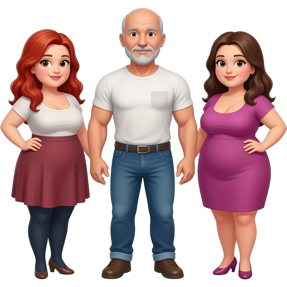 Handsome, bald,  muscular man with goatee, age 57,  standing between  2 very full figured women, redhead and brunette with larger breasts emoji
