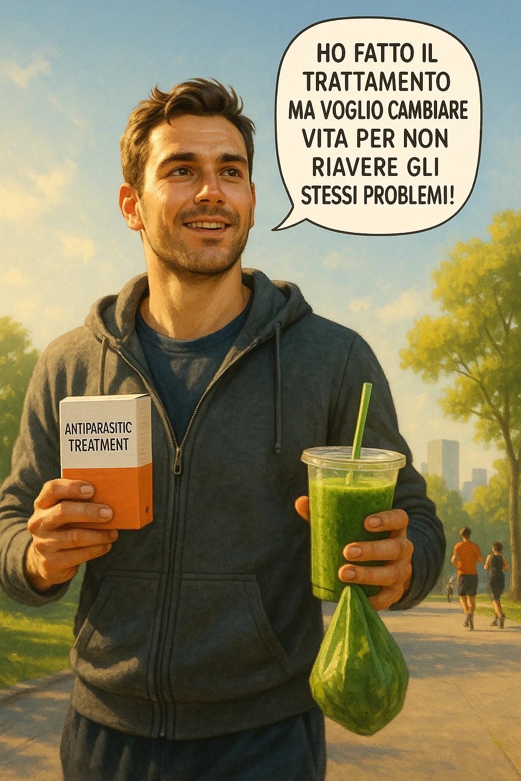 A realistic, cinematic illustration of a man in his early 30s with a determined and hopeful expression, standing outside under a bright morning sky, holding a small box labeled 'Antiparasitic Treatment' in one hand, while in the other hand he holds a fresh green smoothie or a bag of vegetables. A speech bubble near him says: ‘Ho fatto il trattamento ma voglio cambiare vita per non riavere gli stessi problemi!’ The man is wearing casual but clean and sporty clothing, symbolizing a fresh start, with the background showing a city park with green trees, morning light, and people jogging, indicating a healthy lifestyle. The atmosphere is bright, uplifting, and motivating, clearly illustrating the transition from treatment to lifestyle change to prevent future health issues. The style is realistic with warm tones, showing positive energy and commitment to change in italiano emoji
