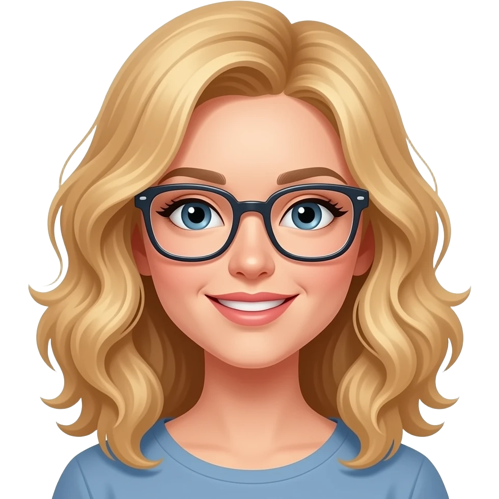 woman with shoulder length bright blonde loosely  curled hair, rectangular glasses emoji