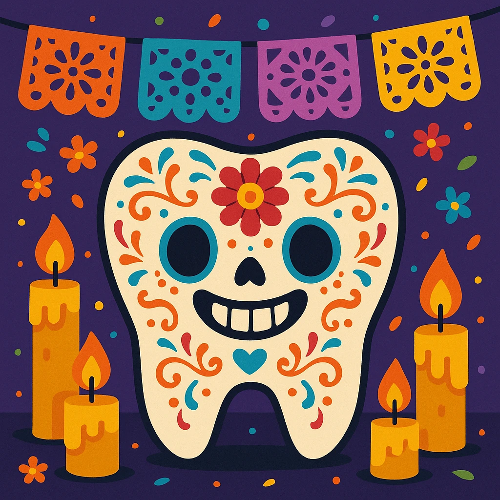 smiling molar tooth with Día de Muertos sugar skull makeup, surrounded by papel picado and candles, joyful and colorful illustration style emoji
