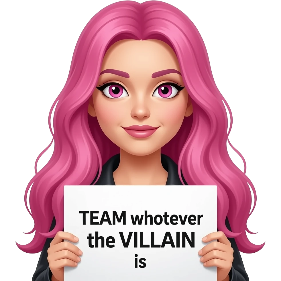 sexy girl with long pink hair and pink eyes holding a TEAM whoever the VILLAIN is sign emoji