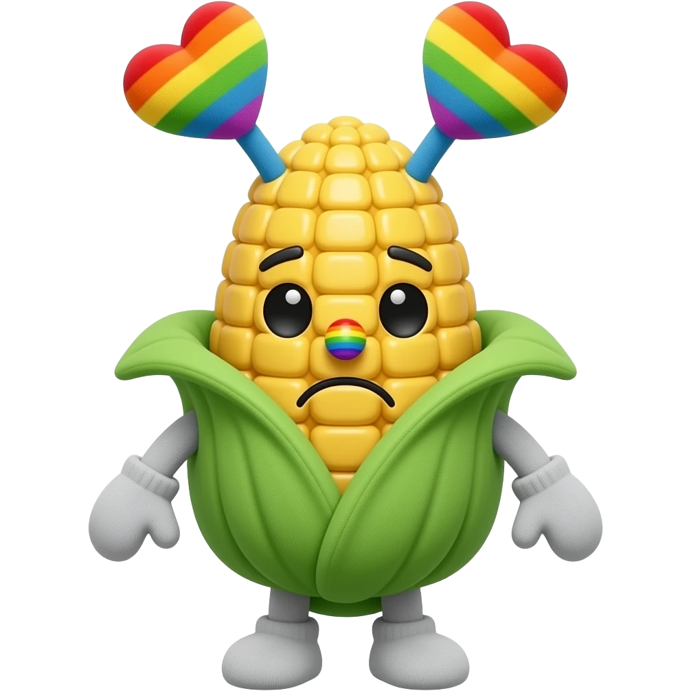 Corny is a corn cob plush. His antennae are rainbow with a heart shape on them. His small round nose is rainbow. He has light grey arms and has mitten hands. He has four light grey legs. His expression is him having squiggly mouth with sad droopy eyes. emoji