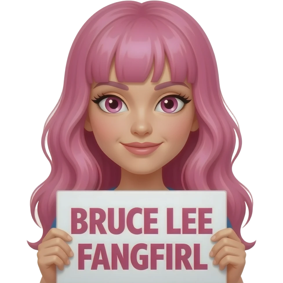 sexy girl with long pink hair and pink eyes holding BRUCE LEE FANGIRL sign emoji