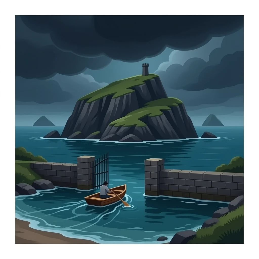 realistic - Isle of the Dead painting of Swiss Symbolist artist Arnold Böcklin,desolate and rocky islet seen across an expanse of dark water. A small rowing boat is just arriving at a water gate and seawall on shore emoji