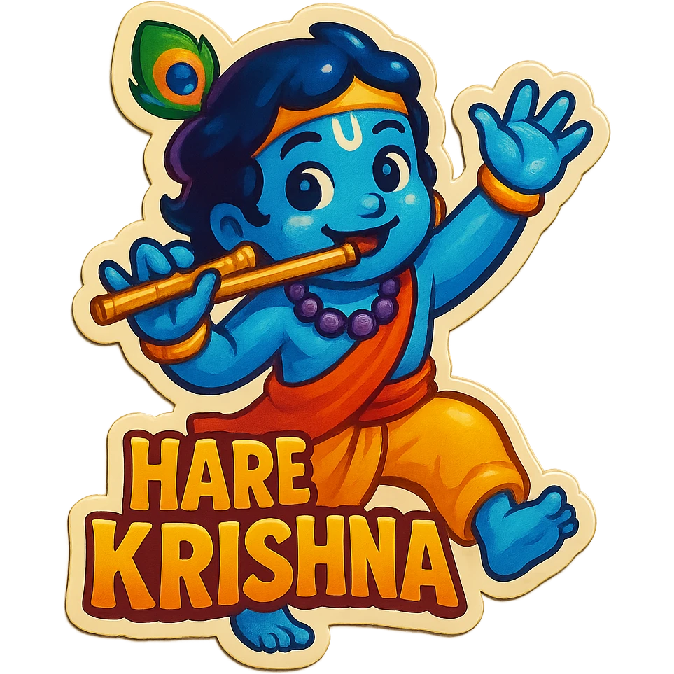 Hare Krishna themed sticker, vibrant and playful, joyful Krishna character, no text emoji
