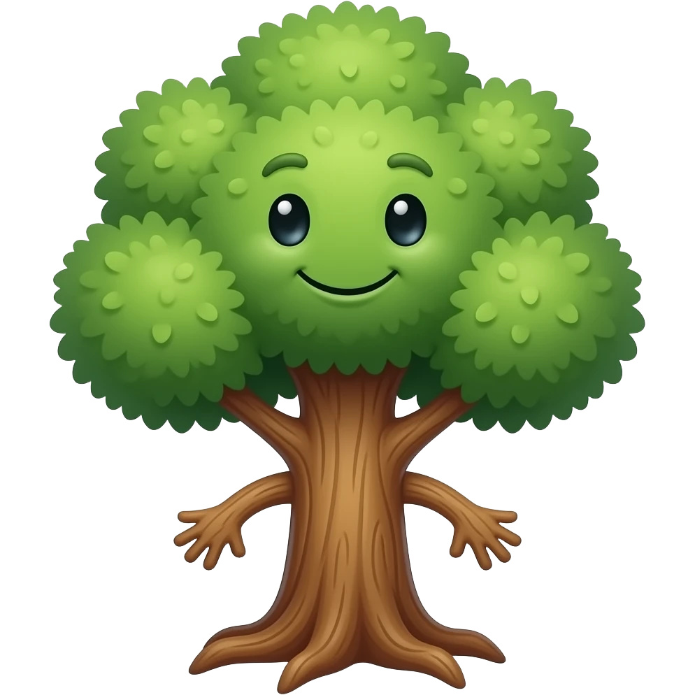 A tree with wooden legs in with no arms and with a little smile emoji