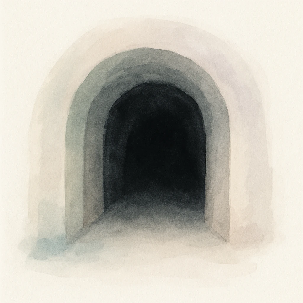 a dark tunnel, mysterious and shadowy, watercolor style, soft colors, fluid brush strokes emoji