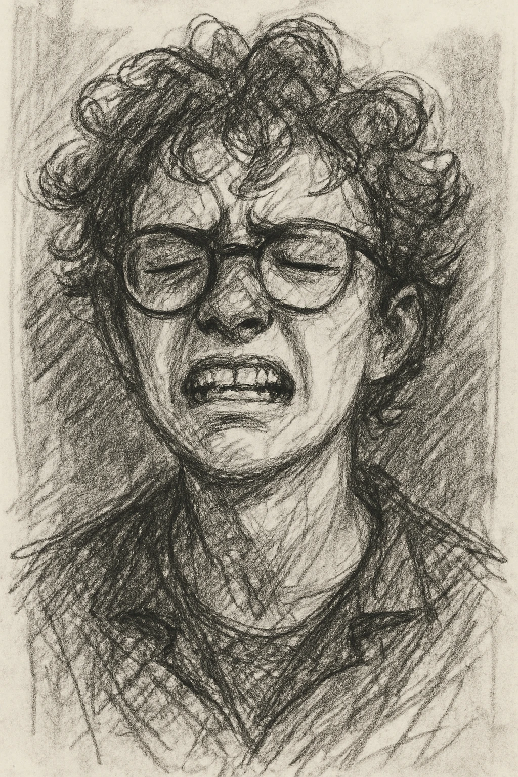 character with curly brown hair, eyeglasses, white complexion skin, hand-drawn sketch style emoji