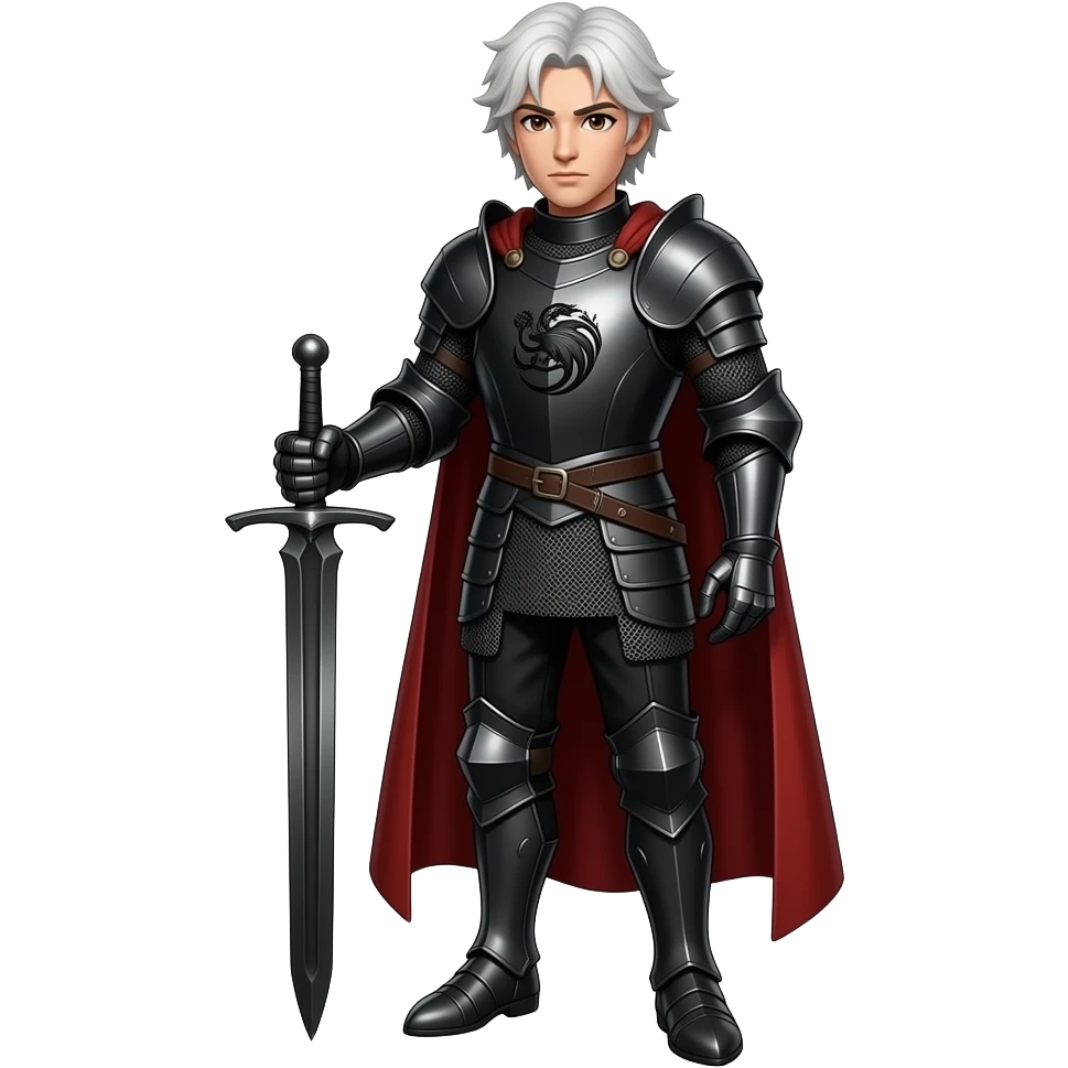 Згенеруй лцаря з білим, довгим волоссям, в чорних обладунках, на грудях герб таргаріенів однотонним чорним візерунком, він стоїть в повний зріст з чорним мечем, видно його обличчя, під кутом, витягнуте обличчя, карі очі, червоний плащ emoji