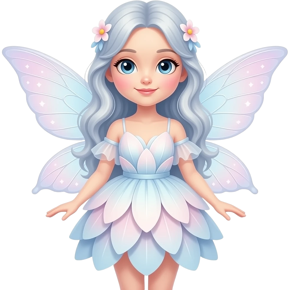 A cute elegant garden fairy with soft pastel hair, a flowing petal dress, delicate translucent wings, rosy cheeks, and a gentle magical glow. emoji