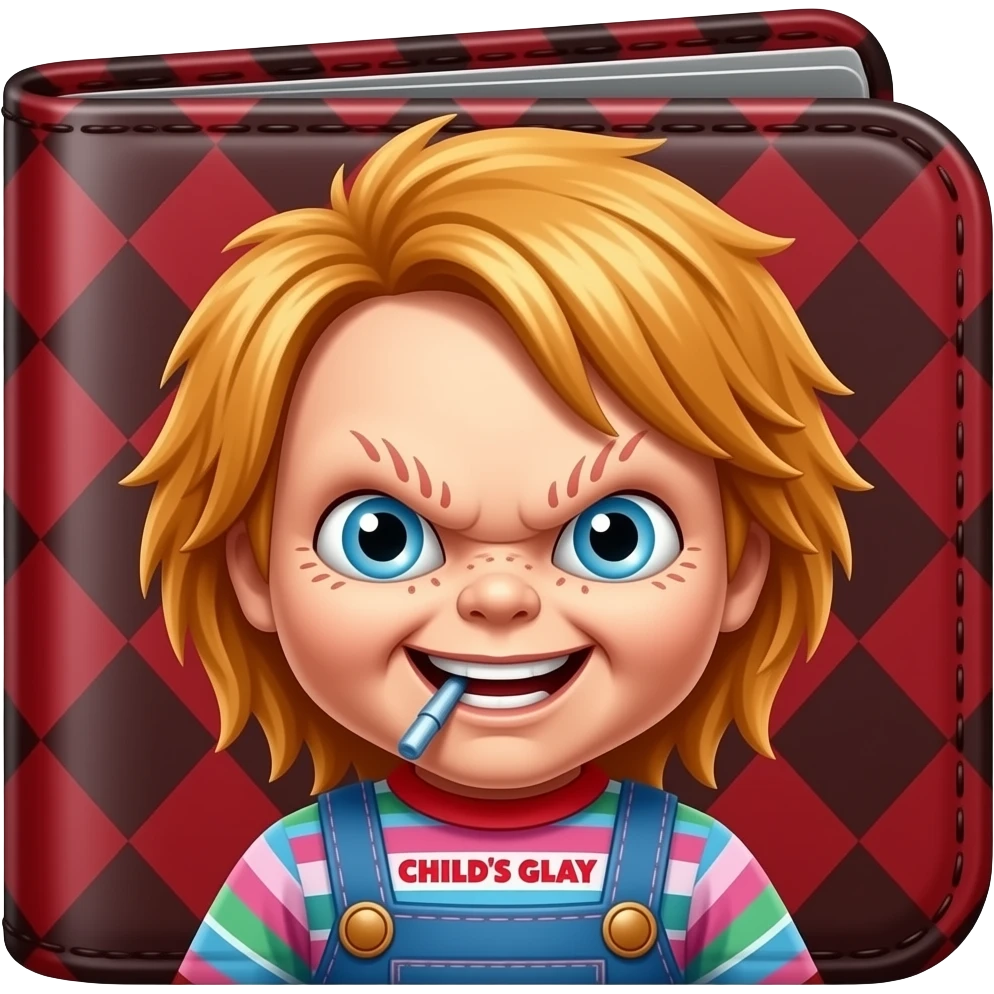 Chucky Doll Child's Play Man's wallet in red and black and white with Chucky Doll the Good Guy on the Man's wallet emoji
