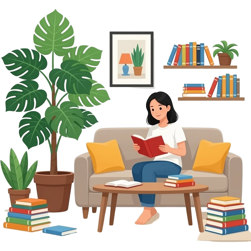 Asian woman is reading a book in the living room that crowded Fiddle Fig and tons of books emoji