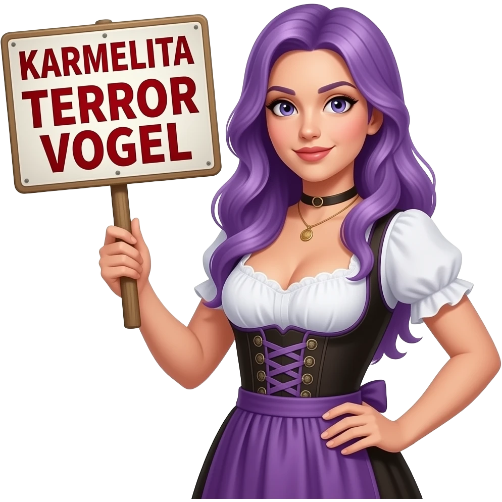 sexy girl with long purple hair wearing a dirndl holding a KARMELITA TERROR VOGEL sign emoji