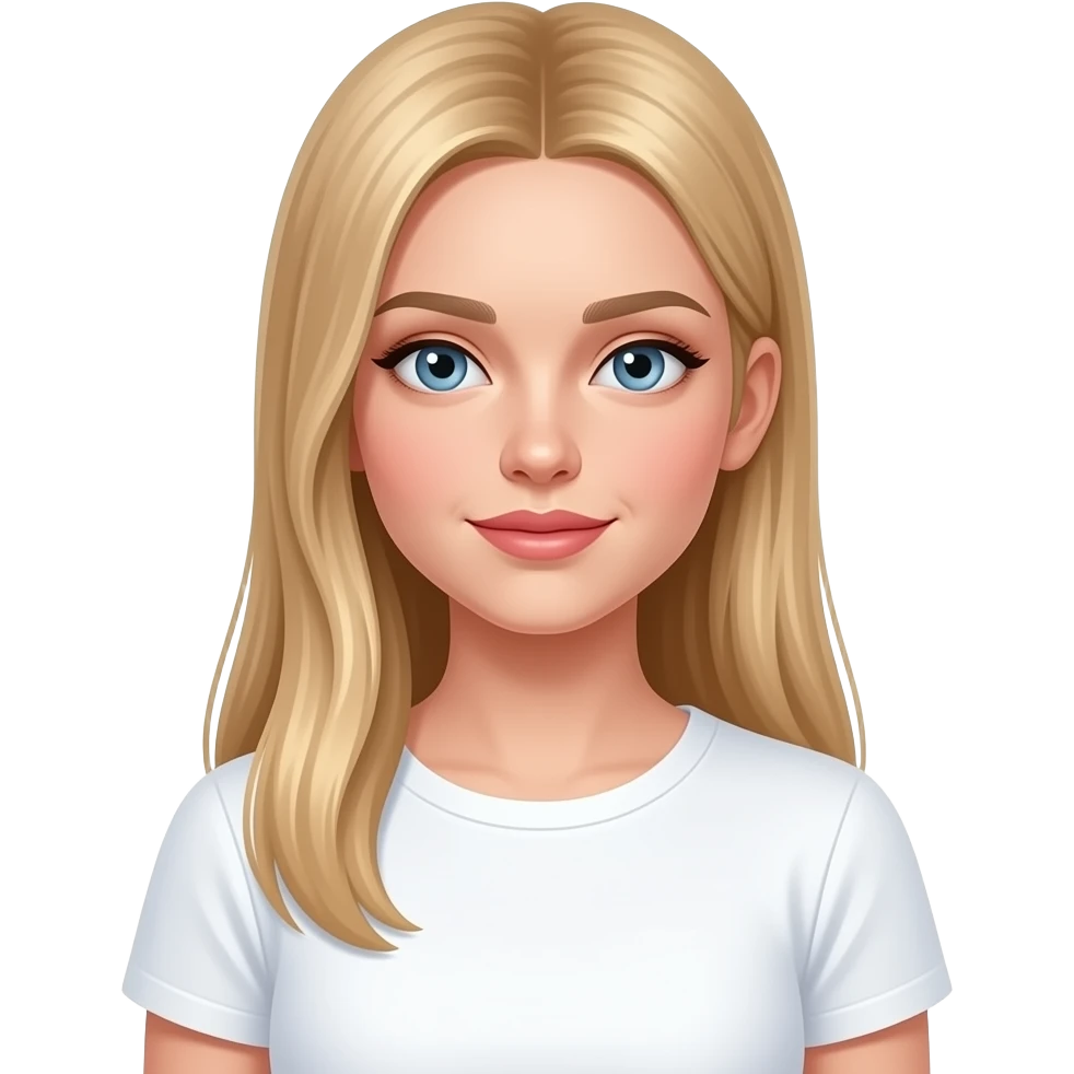 bella ragazza russa bionda capelli lisci lunghi e occhi chiari, con maglietta bianca e innamorata con le guance rosse e gli occhi socchiusi emoji