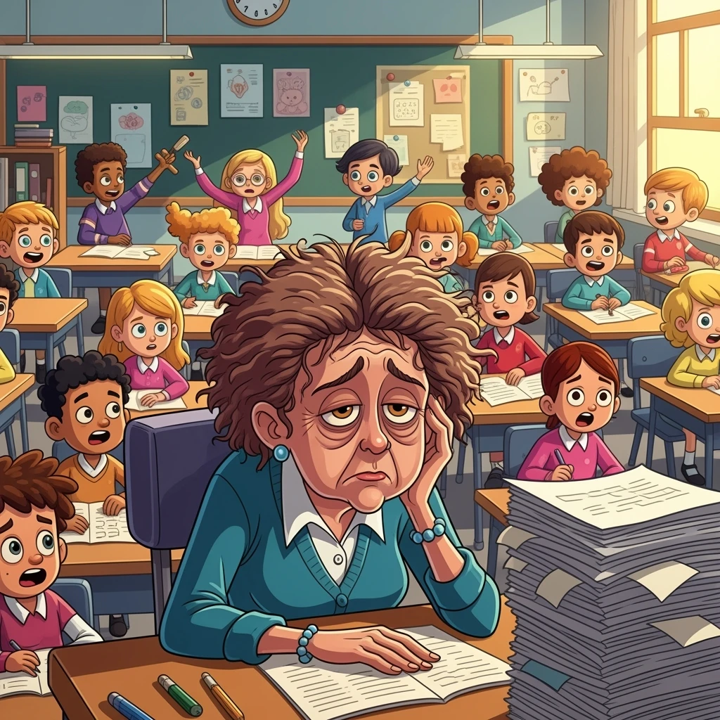 digital cartoon art of a exhausted teacher in a bustling classroom emoji