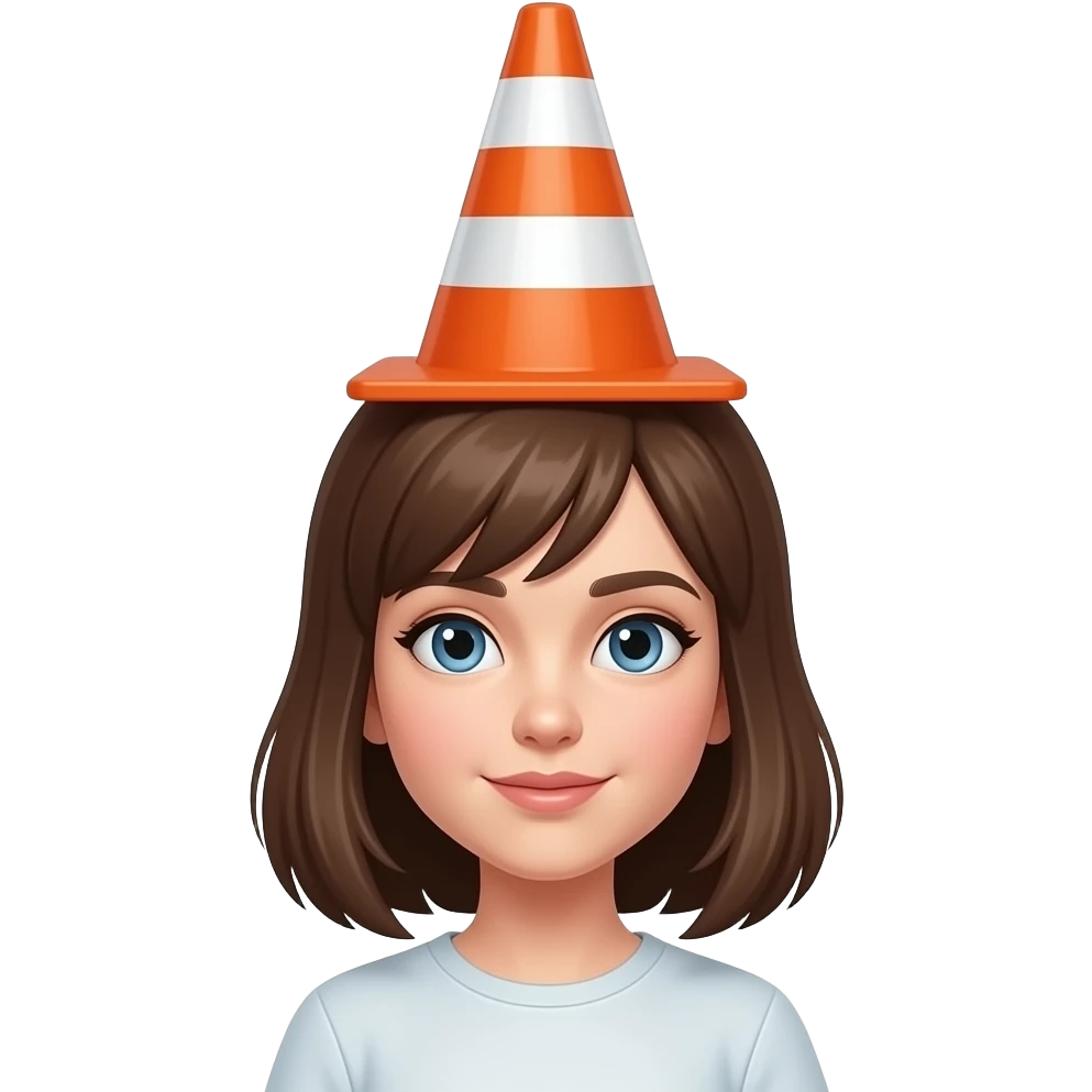 white girl with brown hair with traffic cone on her head emoji