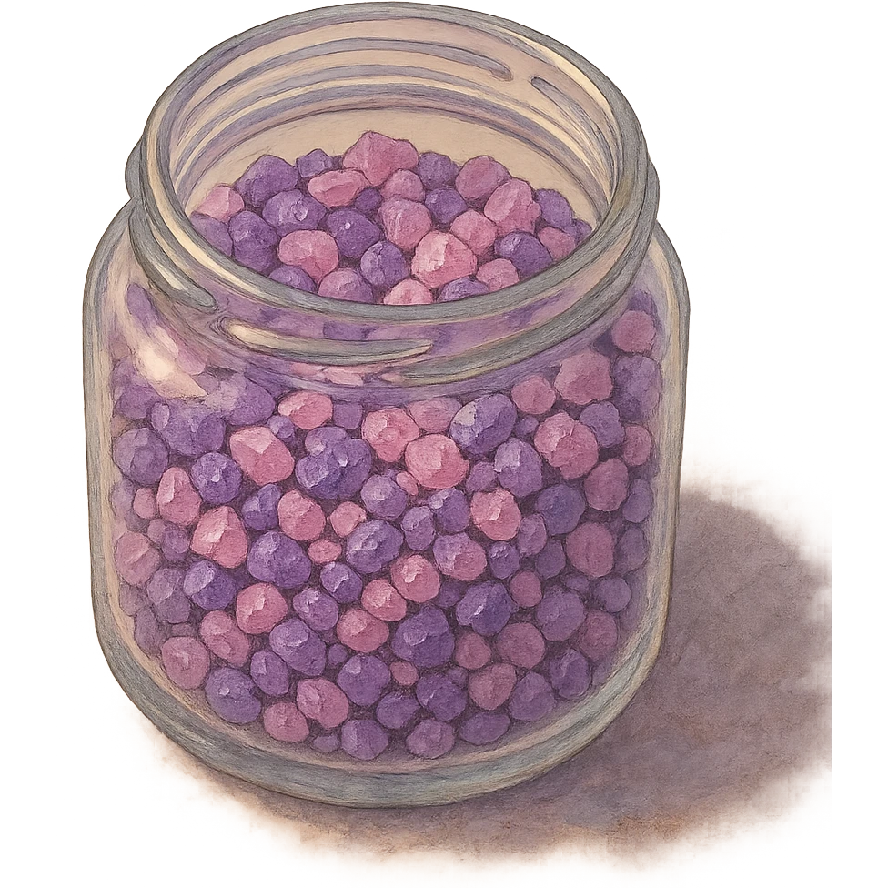 very realistic purple and pink crystal small rough pebbles in an open glass jar, mixed together, natural colors, soft, fairy-like atmosphere, no background, square size emoji