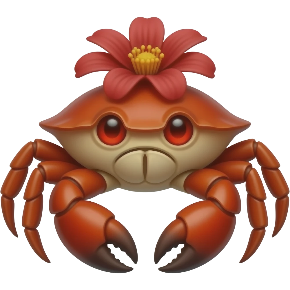 A red crab with a red flower growing on its back on its back red eyes glowing eyes facing forward emoji