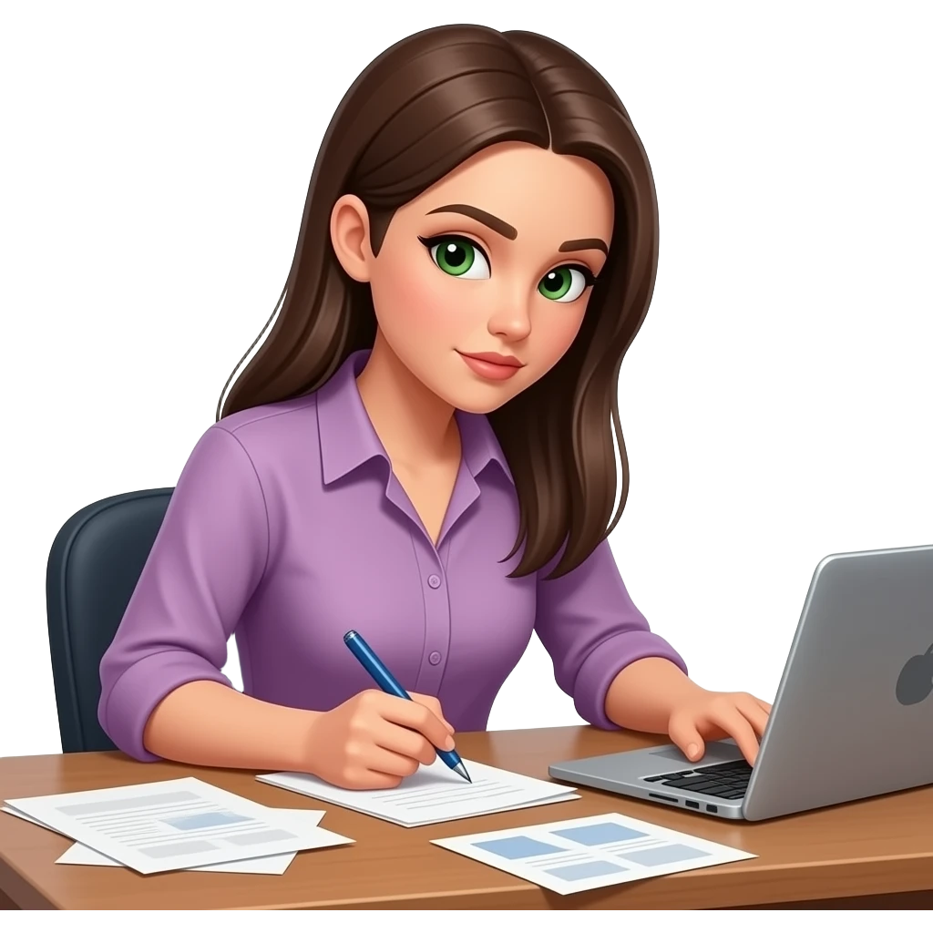 a brunette with long straight hair with green eyes writing down notes with a lot of pieces of paper around her scattered everywhere on the table (at least 5 pieces of paper in a very disorganized way and a laptop in front of her and shes very focused) and she has a mauve shirt on emoji