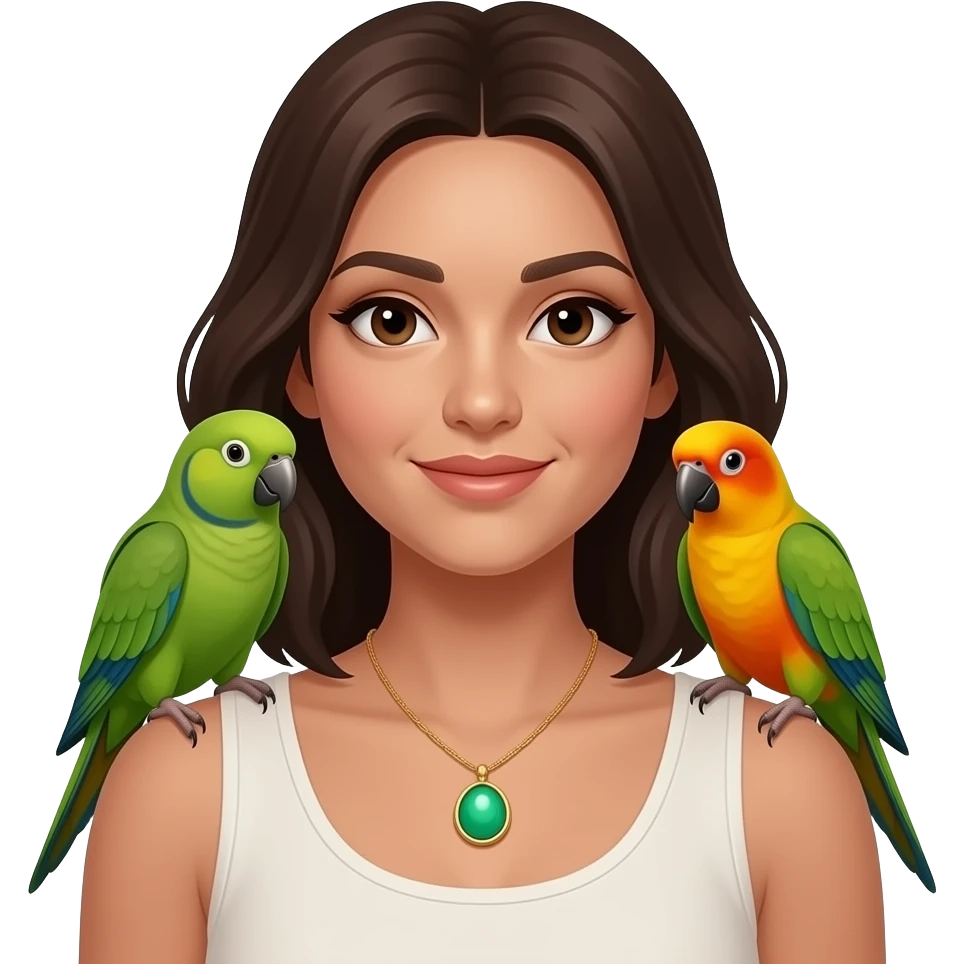 green indian ring neck parrot on a brown haired womans shoulder with a sun conure parrot with all green wings on her other shoulder the woman is wearing a necklace emoji