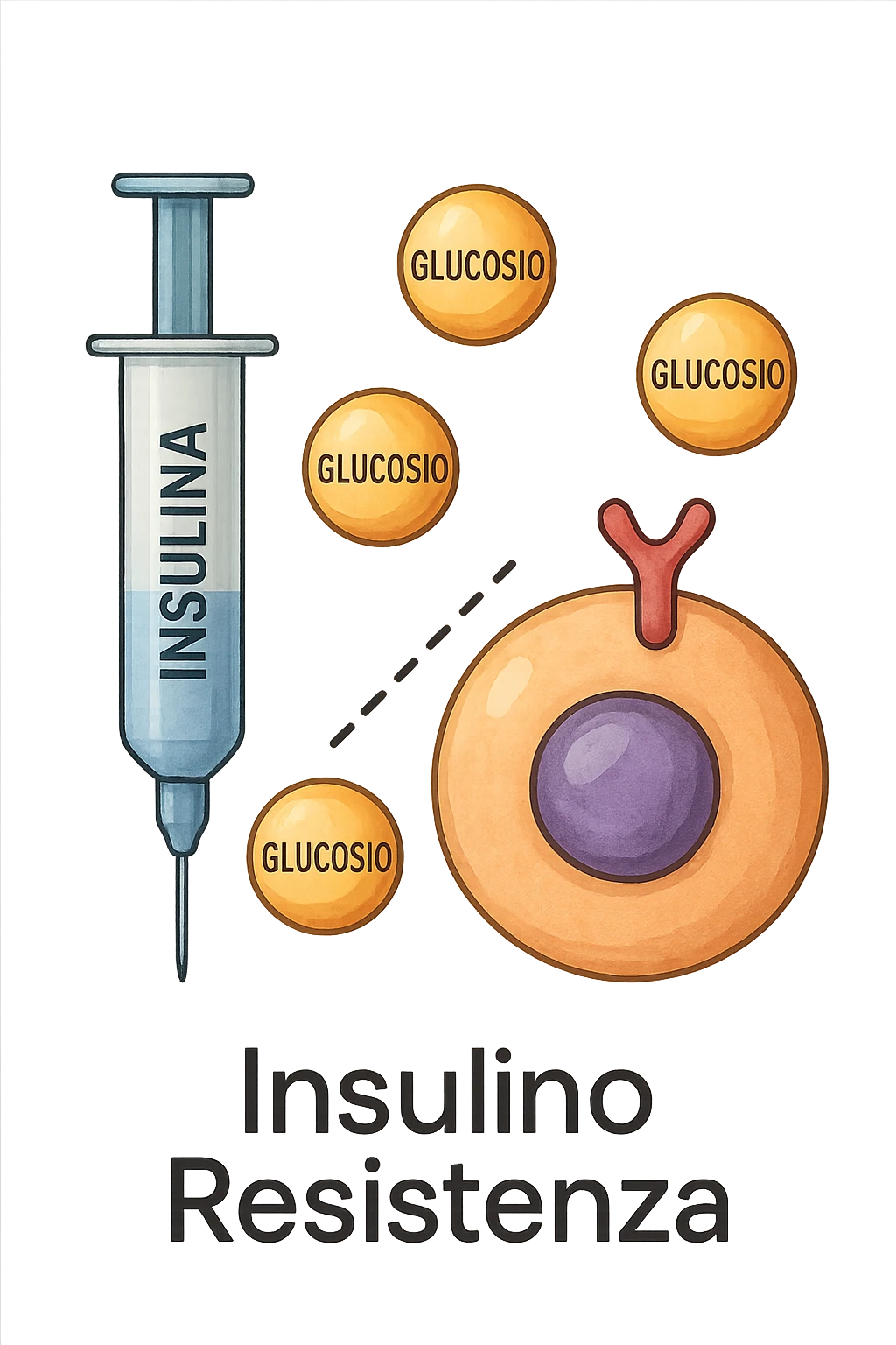 Create a realistic icon of insulin resistance with no background and a 2:3 aspect ratio. Insert the Italian text 'Insulino Resistenza' in a clean style. The symbol should include insulin, glucose, and a cell showing resistance, with a clean and clear style. emoji
