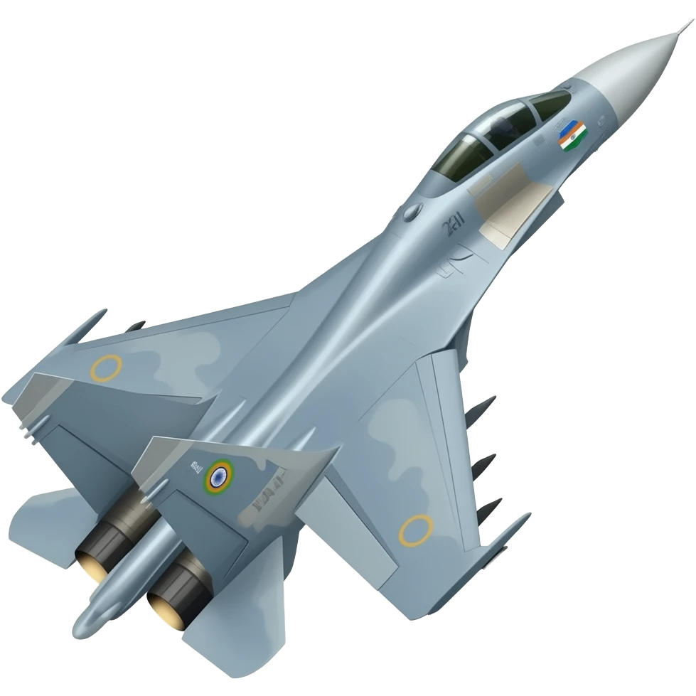 Su 30 mki emoji  take off in grey normal colour of Indian air force planes and the sticker of iaf and indian flag on front side of plane small emoji