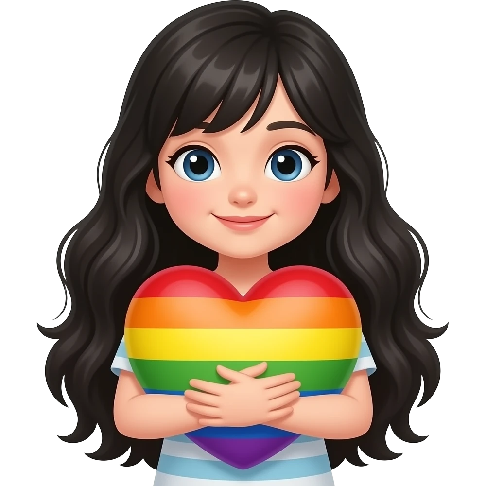 black long hair girl hugging a rainbow heart emoji