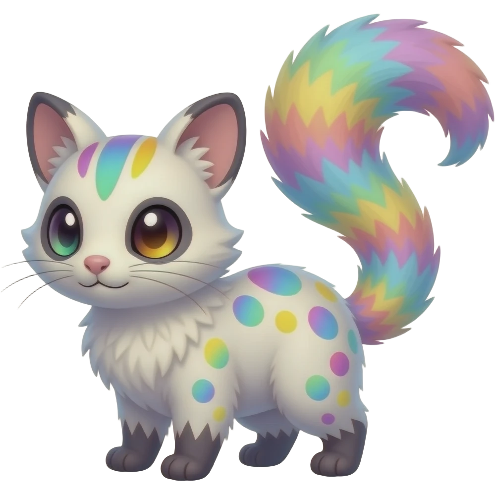 Realistic cute adorable pastel-iridescence-gradients albino fur with random colorful iridescent rainbow markings beautiful elegant pretty precious cute Fakémon-Pokémon-opossum-feline-serval-caracal-chinchilla-Minccino-hybrid-creature with a big fluffy bushy striped tail (full body) emoji