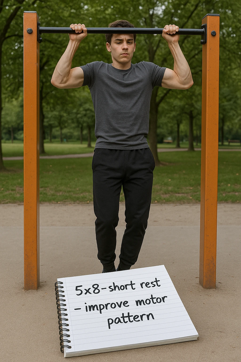 Giovane principiante dello streetlifting in un parco, fisico ancora asciutto, esegue lunghe serie di trazioni senza peso, con tecnica controllata. A terra, un taccuino con scritto '5x8 - riposo breve - migliorare schema motorio'. Espressione concentrata. Luce naturale, atmosfera educativa, senso di costruzione progressiva. emoji