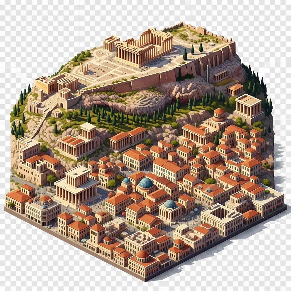Isometric illustration of Athens, featuring the Parthenon on the Acropolis hill, highly detailed in semi-realistic style balanced between stylized and realistic, 3D miniature effect, transparent background. emoji